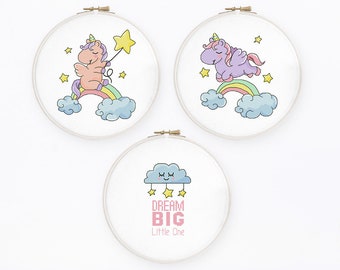 Unicorn cross stitch pattern Dream big inspirational nursery quote Set of 3 baby girl cross stitch, Instant download PDF #2369