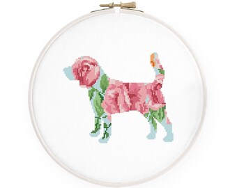 Floral Beagle cross stitch pattern, Watercolor dog silhouette cross stitch, Instant download PDF #100