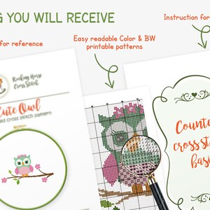 May include: A counted cross stitch pattern for a cute owl with pink accents. The pattern includes a color and black and white printable pattern, as well as instructions for beginners.
