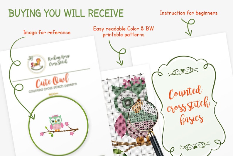May include: A counted cross stitch pattern for a cute owl with pink accents. The pattern includes a color and black and white printable pattern, as well as instructions for beginners.