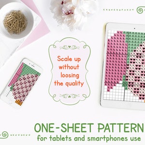 May include: A white tablet displaying a colorful cross-stitch pattern on a white background. The text "Scale up without loosing the quality" is in a pink and green frame. The text "ONE-SHEET PATTERN for tablets and smartphones use" is below the tablet.