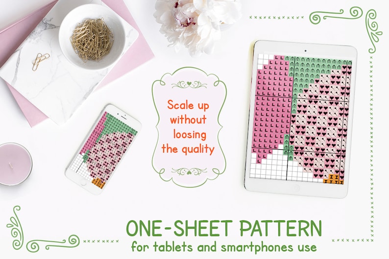 May include: A white tablet displaying a colorful cross-stitch pattern on a white background. The text "Scale up without loosing the quality" is in a pink and green frame. The text "ONE-SHEET PATTERN for tablets and smartphones use" is below the tablet.