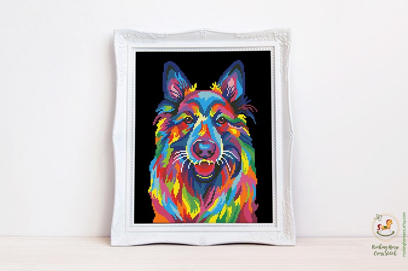Colorful German Shepherd cross stitch pattern Vibrant Alsatian wolf dog Abstract Berger Allemand, Instant download PDF 2168 image 2
