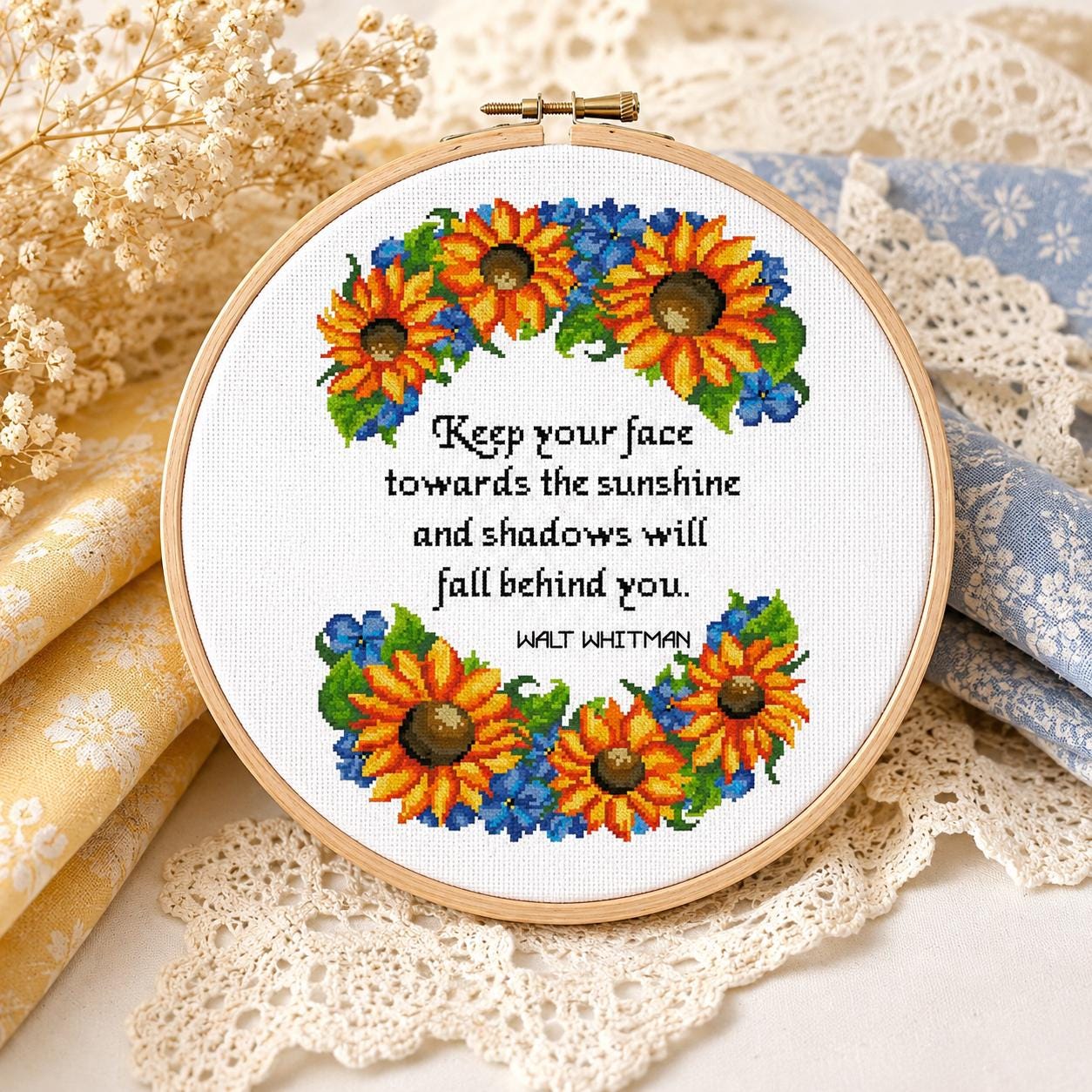 Walt Whitman Quote Cross Stitch Pattern | Sunflower Wreath Sampler