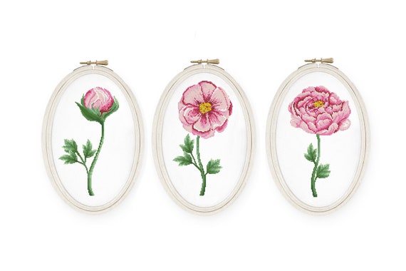 Peony Cross Stitch Pattern Set of 3 Peonies Cross Stitch Floral