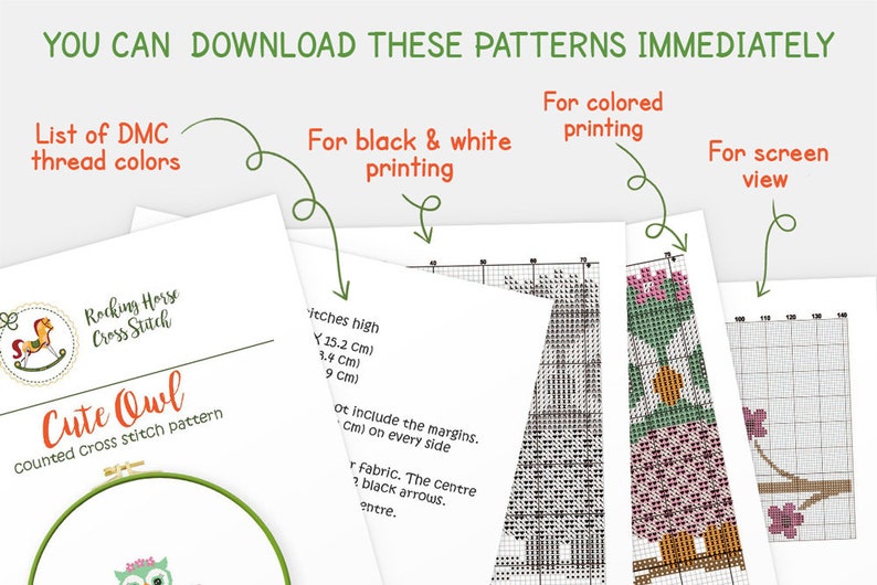 May include: A counted cross stitch pattern for a cute owl with a pink flower on its head. The pattern is available for download in black and white, color, and screen view formats. The pattern is 15.2 cm high, 1.9 cm wide, and 9 cm deep.