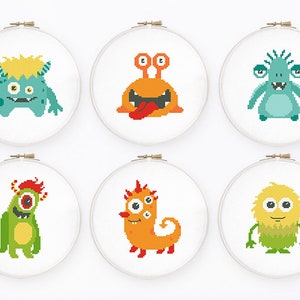 Funny monsters cross stitch pattern Set of 6 baby cross stitch New baby boy DIY nursery decor, Instant download PDF #812