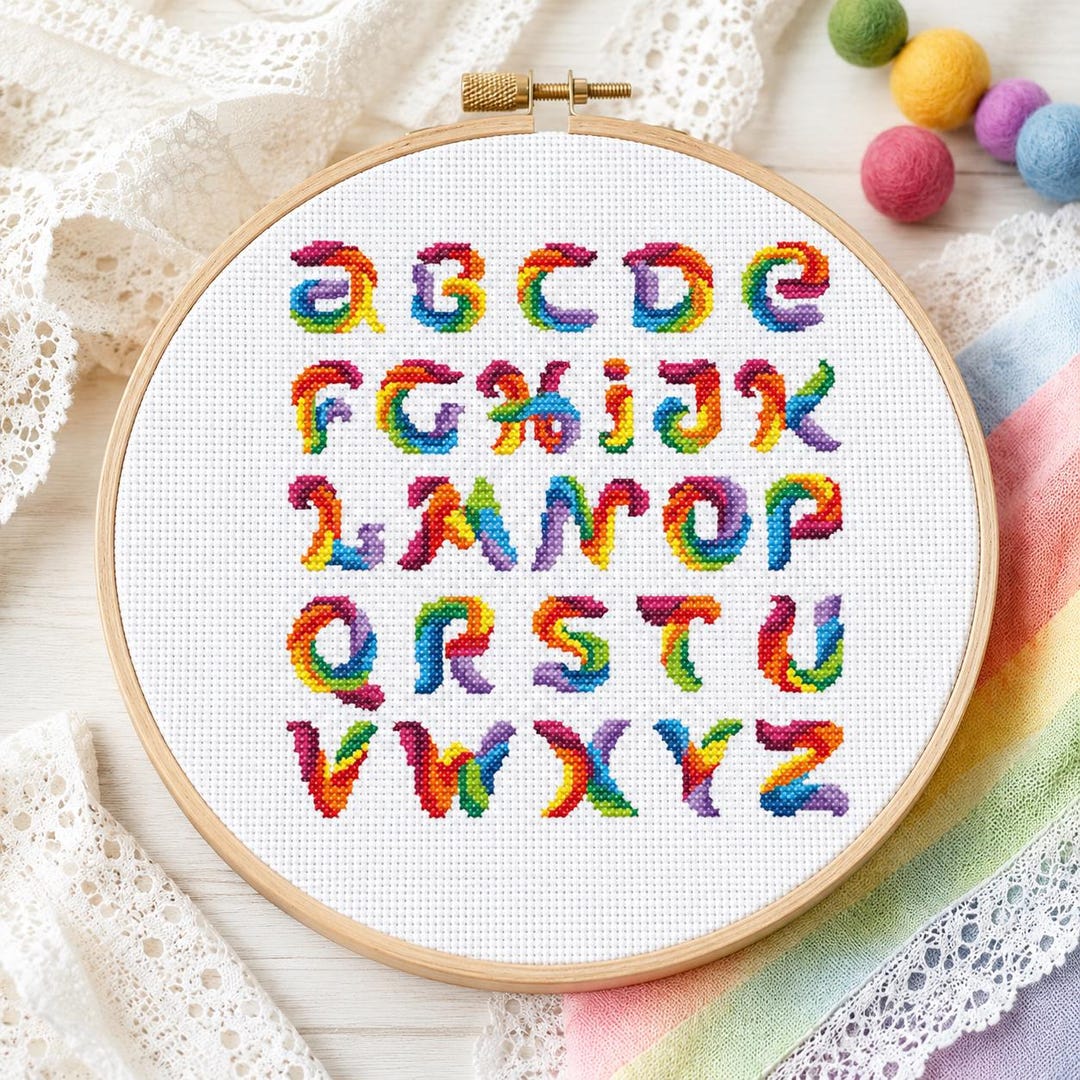 Rainbow Alphabet Cross Stitch Pattern | Colorful ABC Chart, Kids
