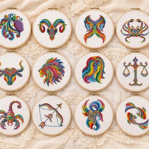 Rainbow Zodiac Cross Stitch Pattern | Bundle of 12 Star Signs | Astrology PDF Instant Download