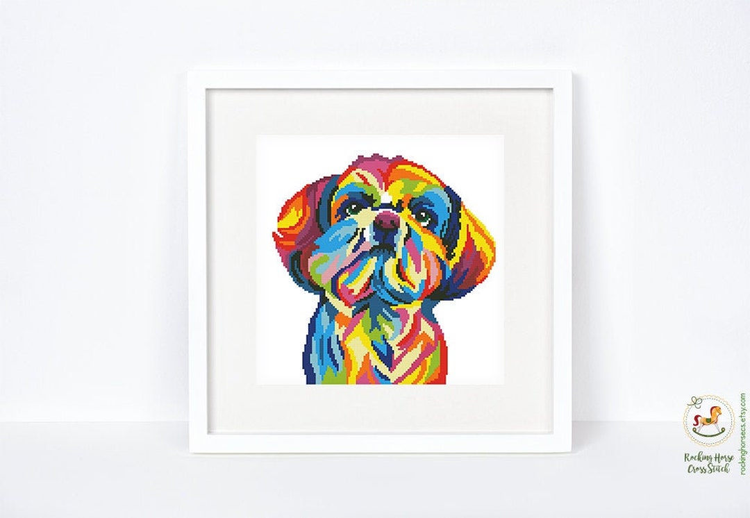 Colorful Shih Tzu Cross Stitch Pattern Abstract Rainbow Toy Dog Cross Stitch Chrysanthemum Dog