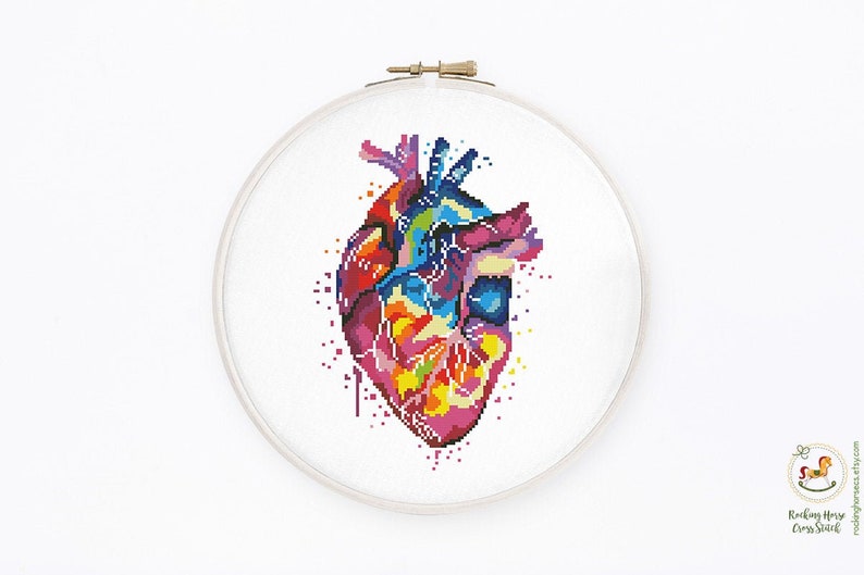 Colorful heart cross stitch pattern Rainbow human anatomy cross stitch Medical cross stitch, Instant download PDF 2195 image 1