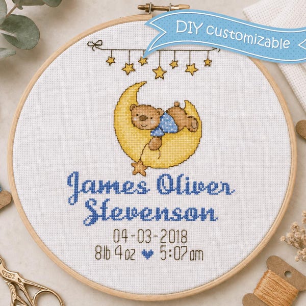 Birth Announcement Cross Stitch Pattern | DIY Baby Boy Sampler | Customizable | PDF Instant Download