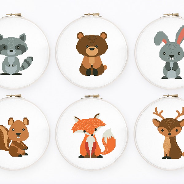 Baby animals cross stitch pattern Set of 6 nursery cross stitct Forest friends cross stitch, Instant download PDF #1677