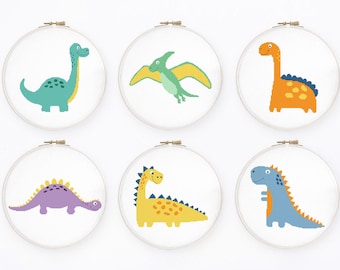 Baby dinosaur cross stitch pattern Set of 6 dinos cross stitch Funny dino cross stitch New baby boy cross stitch Instant download PDF #693