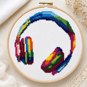 Regenbogen Kopfhörer Kreuzstichmuster | Buntes Musik-Liebhaber-Geschenk | PDF Sofortdownload