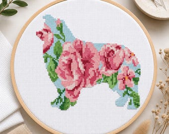 Floral Australian Shepherd Cross Stitch Pattern | Dog Silhouette Portrait | PDF Instant Download