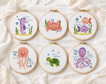 Sea Animals Cross Stitch Pattern | Set of 6 Ocean Creatures | Nursery PDF Instant Download