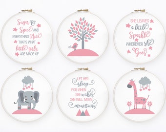 Baby girl cross stitch pattern Set of 6 nursery cross stitch She will move mountains inspirational quote, Instant download PDF #755