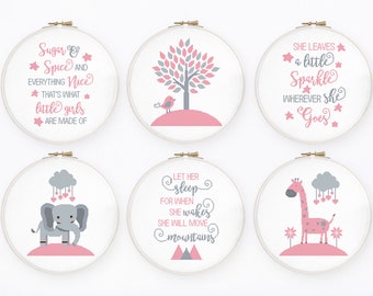 Baby girl cross stitch pattern Set of 6 nursery cross stitch She will move mountains inspirational quote, Instant download PDF #755