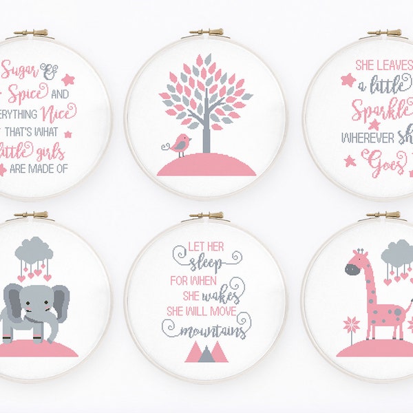 Baby girl cross stitch pattern Set of 6 nursery cross stitch She will move mountains inspirational quote, Instant download PDF #755