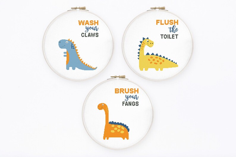 Bath Cross Stitch Pattern Set of 3 Funny Dinos Cross Stitch Dinosaur
