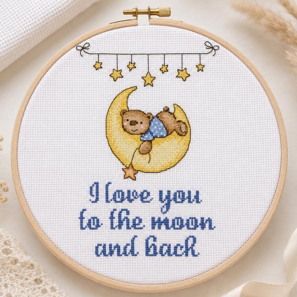 Moon and Back Baby Bear Cross Stitch Pattern | Nursery Quote Sampler | PDF Instant Download