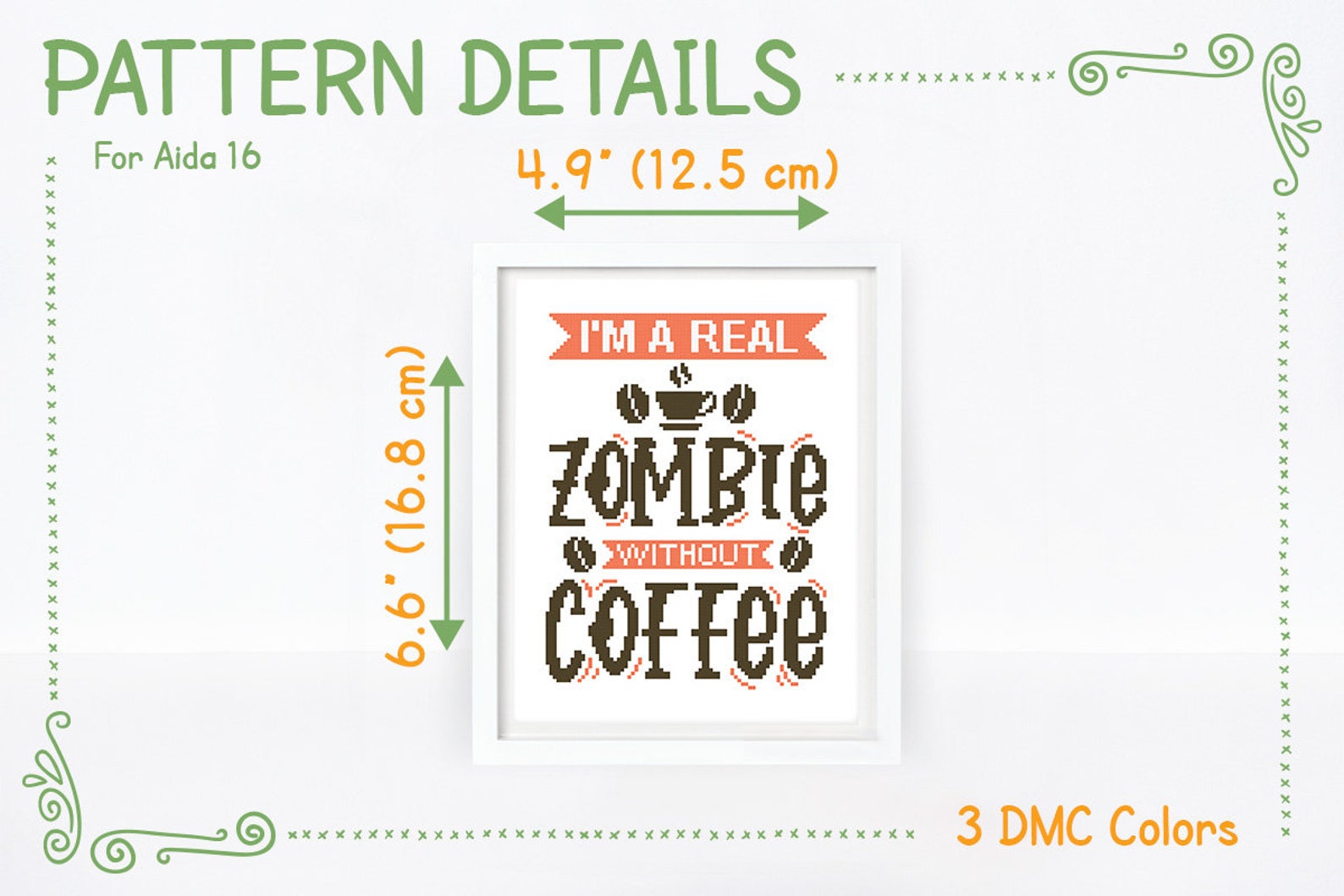 Coffee Cross Stitch Pattern I Am a Real Zombie Cross Stitch Funny Quote ...