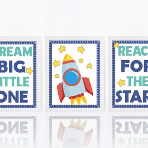 Baby cross stitch pattern Set of 3 nursery cross stitch Dream big inspirational quote Rocket Space chart, Instant download PDF #806