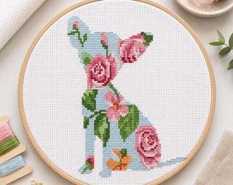 Floral Chihuahua Cross Stitch Pattern | Dog Silhouette | PDF Instant Download