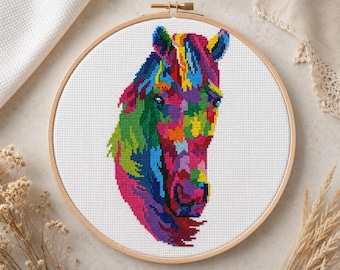 Rainbow Horse Cross Stitch Pattern | Colorful Pink Horse Portrait Close-Up | PDF Instant Download