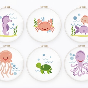 Sea animals cross stitch pattern Set of 6 nautical nursery cross stitch Ocean creatures cross stitch, Instant download PDF #760