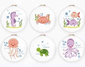 Sea animals cross stitch pattern Set of 6 nautical nursery cross stitch Ocean creatures cross stitch, Instant download PDF #760