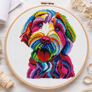 Labradoodle-kruissteekpatroon | Portret pluizige hond regenboog | Pdf direct downloaden