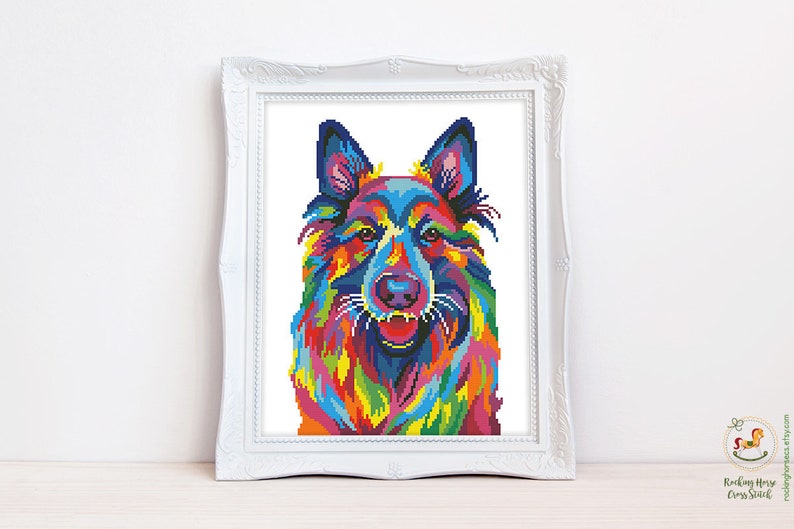 Colorful German Shepherd cross stitch pattern Vibrant Alsatian wolf dog Abstract Berger Allemand, Instant download PDF 2168 image 1