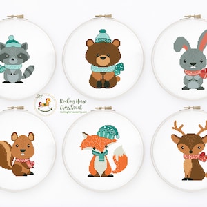 Christmas animals cross stitch pattern, Set of 6 holiday winter animals, Instant download PDF #870