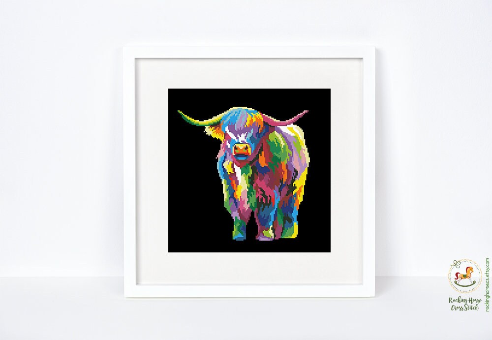 Rainbow Highland Cow Cross Stitch Pattern Abstract Colorful Farm Cow ...