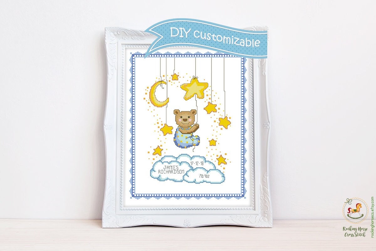 Birth announcement cross stitch pattern. Birth sampler for a new baby boy. DIY Customizable birth stats. Instant download PDF #2145