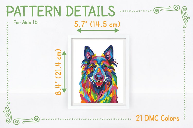 Colorful German Shepherd cross stitch pattern Vibrant Alsatian wolf dog Abstract Berger Allemand, Instant download PDF 2168 image 4