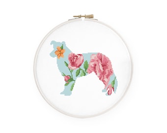 Bloemen border collie kruissteekpatroon aquarel border collie silhouet kruissteek, directe download pdf #814