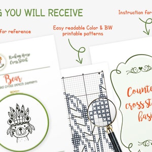 May include: A digital download of a counted cross stitch pattern for a bear wearing a headdress. The pattern includes instructions for beginners and easy-to-read color and black and white printable patterns.