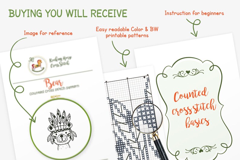 May include: A digital download of a counted cross stitch pattern for a bear wearing a headdress. The pattern includes instructions for beginners and easy-to-read color and black and white printable patterns.