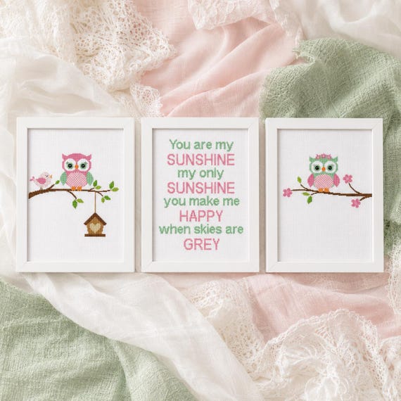 You Are My Sunshine Owl Nursery Cross Stitch Set of 3 | Baby Girl Pattern | PDF