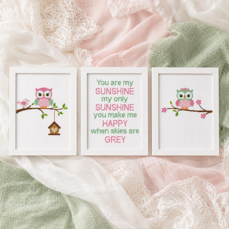 Owl cross stitch pattern set PDF — kawaii pink and mint owl portraits paired with a sunshine quote design. Great gift idea for baby showers or nursery-themed stitching projects. Digital instant download counted cross stitch chart.