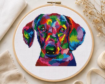 Schema per punto croce di un bassotto arcobaleno / Ritratto di cane colorato in stile pop art / Download immediato in PDF