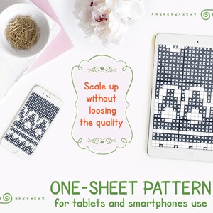 May include: A white tablet displaying a black and white pixelated design of the word "DAD". The tablet is on a white surface with a pink notebook and a bowl of gold paper clips. A green and white decorative frame with the text "Scale up without loosing the quality" is in the center of the image. The text "ONE-SHEET PATTERN for tablets and smartphones use" is at the bottom of the image.