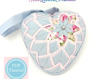 TUTORIAL, Blooming Heart flower pattern pdf file, no sew quilted heart ornament tutorial, step by step instructions pdf file