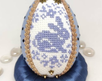 Blue Bunny Easter egg decor, Cross stitch Easter egg tabletop decor, Easter favors, Easter basket fillers, Easter decorative eggs