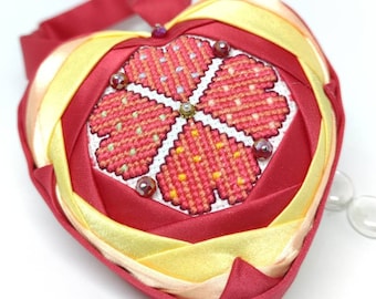 Valentine's cross stitched Quilted heart, Valentine's gift idea, fabric heart decor gift for her, folded fabric heart ornament, gift for him