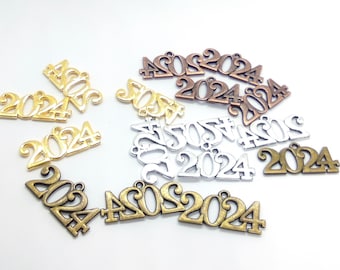 Year 2024 charms in sets of ten, gold, silver, antique gold, bronze year charms, set of ten silver, antique gold or gold year embellishment