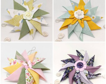 Spring ornaments, floral pinwheel ornaments, housewarming gift, folded fabric ornaments, coastal decor, teacher's gift idea, mantel decor